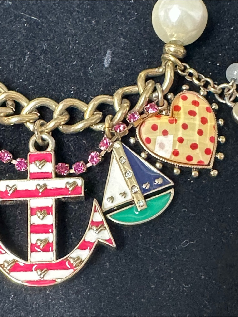 Betsey Johnson Gold Tone Bracelet with Pearl Beads and Red-Striped Anchor Charm - Picture 3 of 3